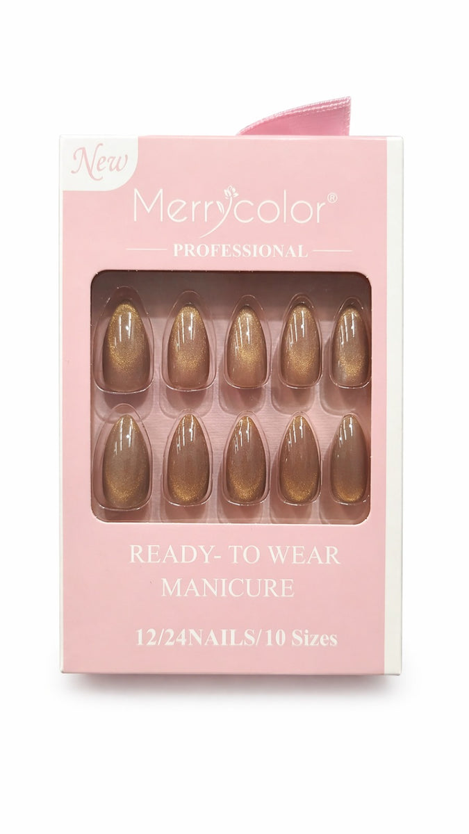 Uñas postizas dorado golden efecto cat eye Merrycolor