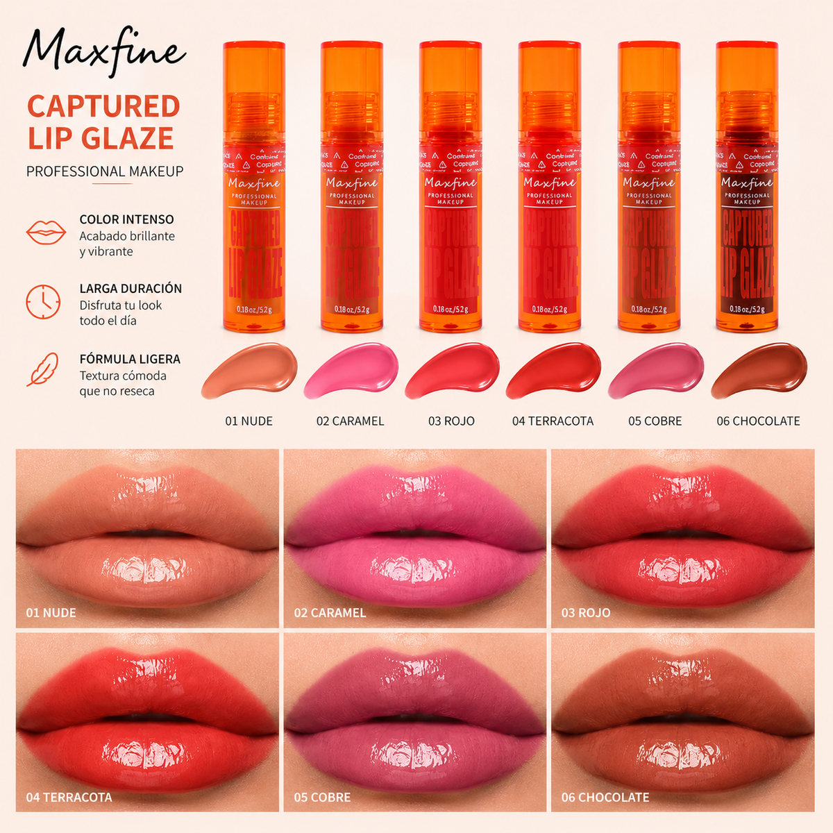 Lip Gloss Brillante Maxfine - Captured Lip Glaze (6 Tonos)