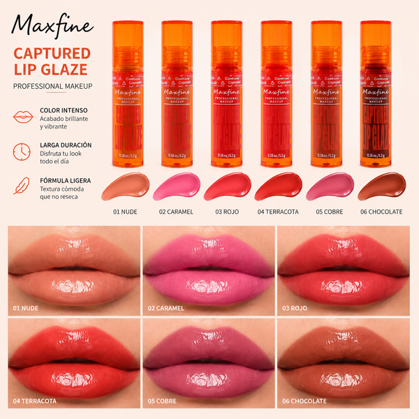 Lip Gloss Brillante Maxfine - Captured Lip Glaze (6 Tonos)