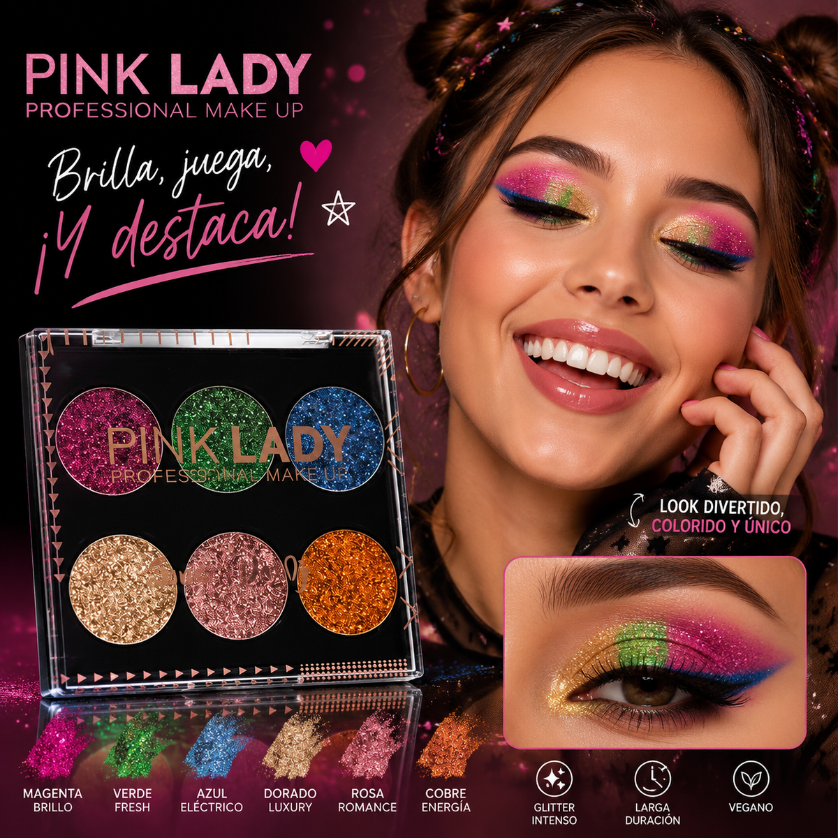 Paleta de Glitter Prensado Pink Lady - Professional Make Up (6 Tonos)