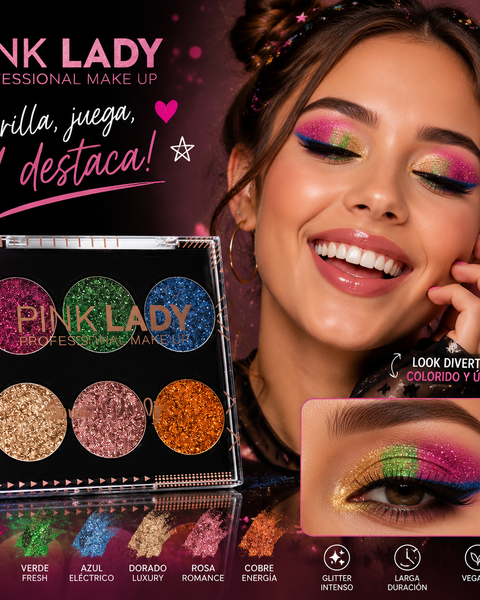 Paleta de Glitter Prensado Pink Lady - Professional Make Up (6 Tonos)