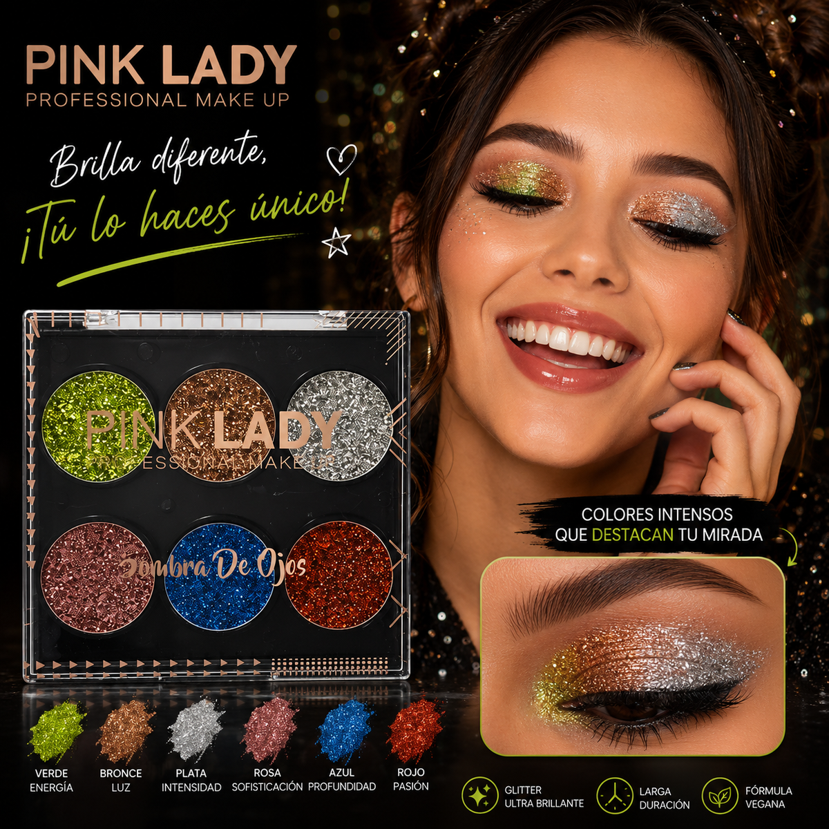 Paleta de Glitter Prensado Pink Lady - Professional Make Up (6 Tonos)