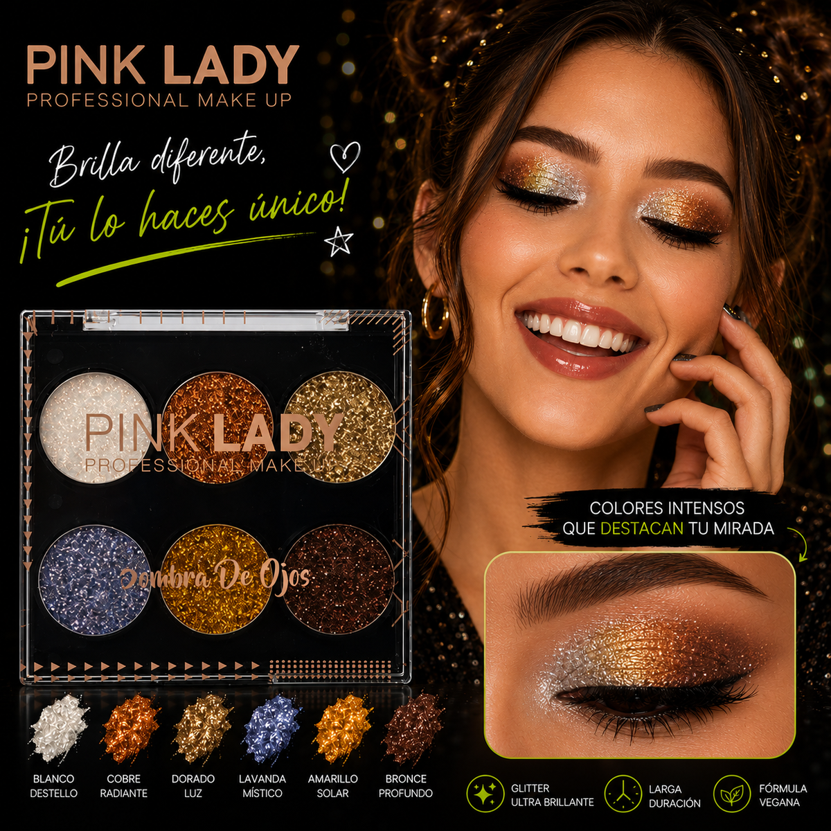Paleta de Glitter Prensado Pink Lady - Professional Make Up (6 Tonos